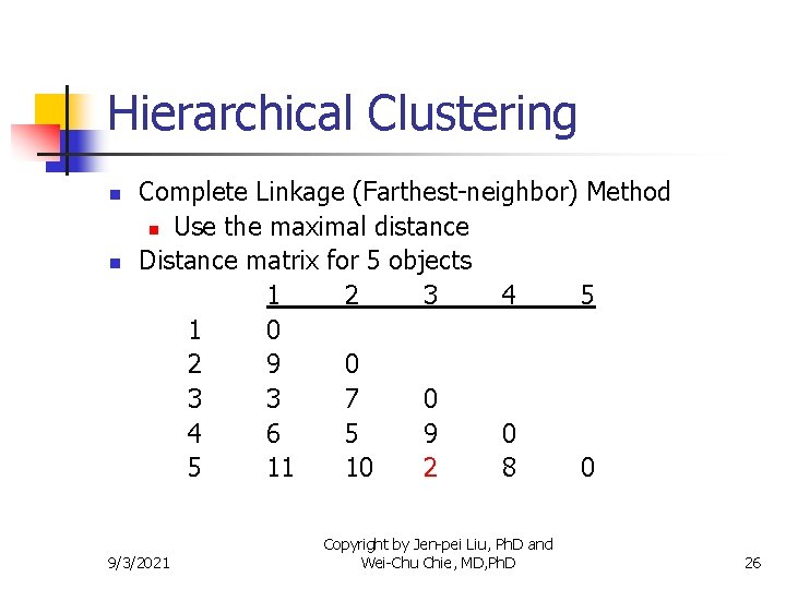 Hierarchical Clustering n n Complete Linkage (Farthest-neighbor) Method n Use the maximal distance Distance