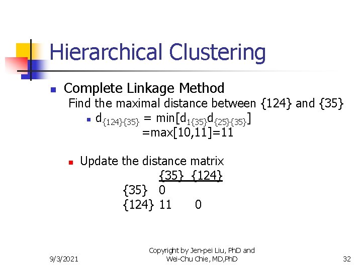 Hierarchical Clustering n Complete Linkage Method Find the maximal distance between {124} and {35}