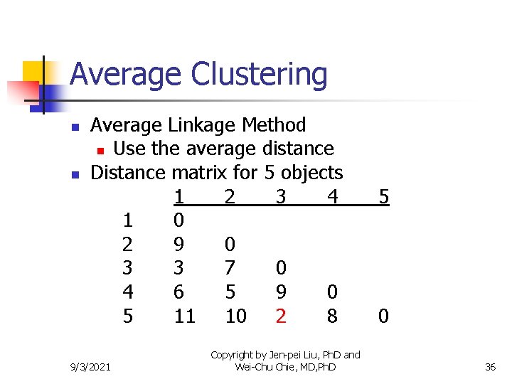 Average Clustering n n Average Linkage Method n Use the average distance Distance matrix