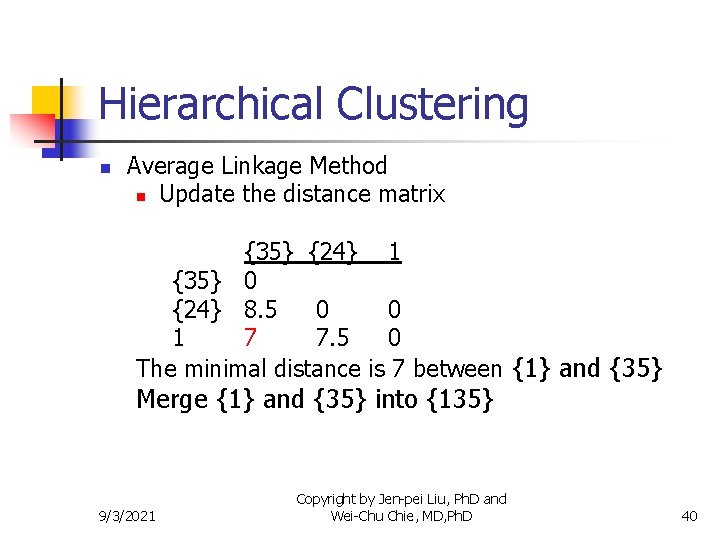 Hierarchical Clustering n Average Linkage Method n Update the distance matrix {35} {24} 1