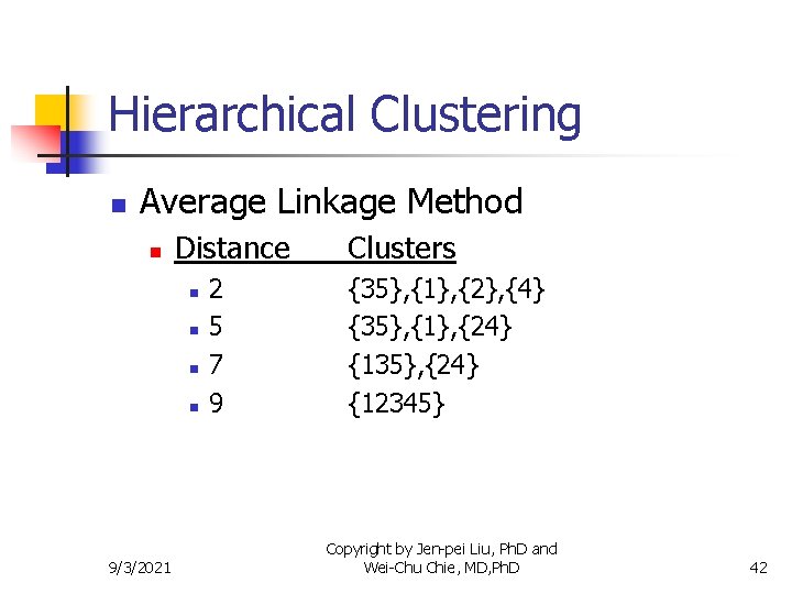 Hierarchical Clustering n Average Linkage Method n Distance n n 9/3/2021 2 5 7