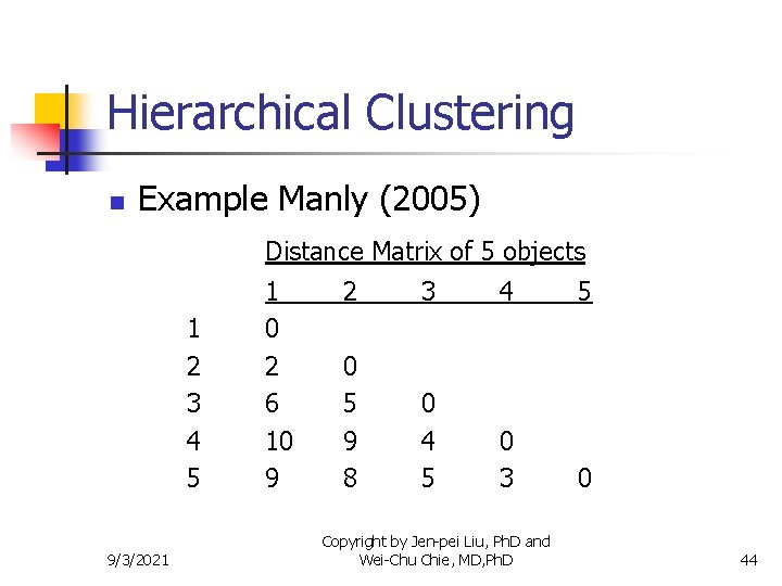 Hierarchical Clustering n Example Manly (2005) Distance Matrix of 5 objects 1 2 3