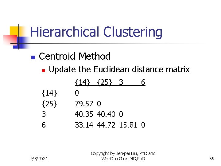 Hierarchical Clustering n Centroid Method n Update the Euclidean distance matrix {14} {25} 3
