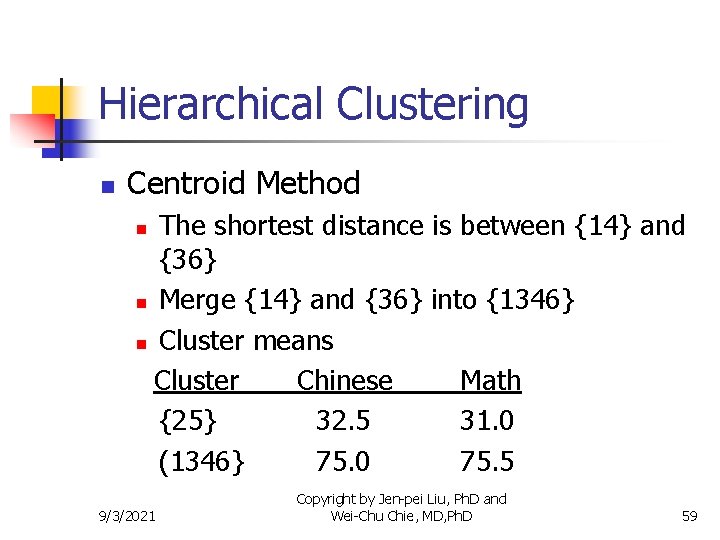 Hierarchical Clustering n Centroid Method The shortest distance is between {14} and {36} n