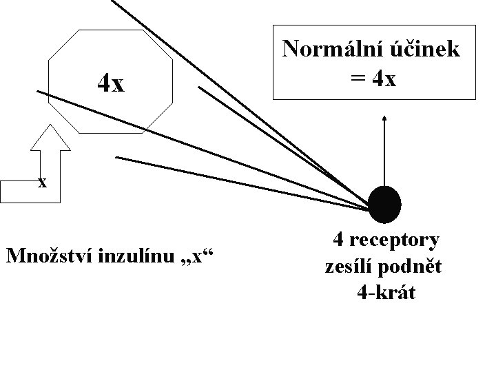 4 x Normální účinek = 4 x x Množství inzulínu „x“ 4 receptory zesílí