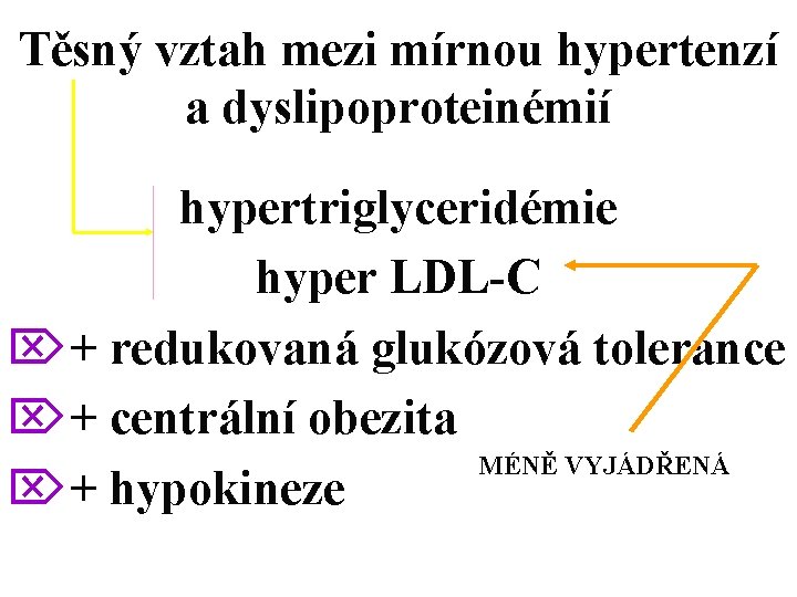 Těsný vztah mezi mírnou hypertenzí a dyslipoproteinémií hypertriglyceridémie hyper LDL-C Ö+ redukovaná glukózová tolerance