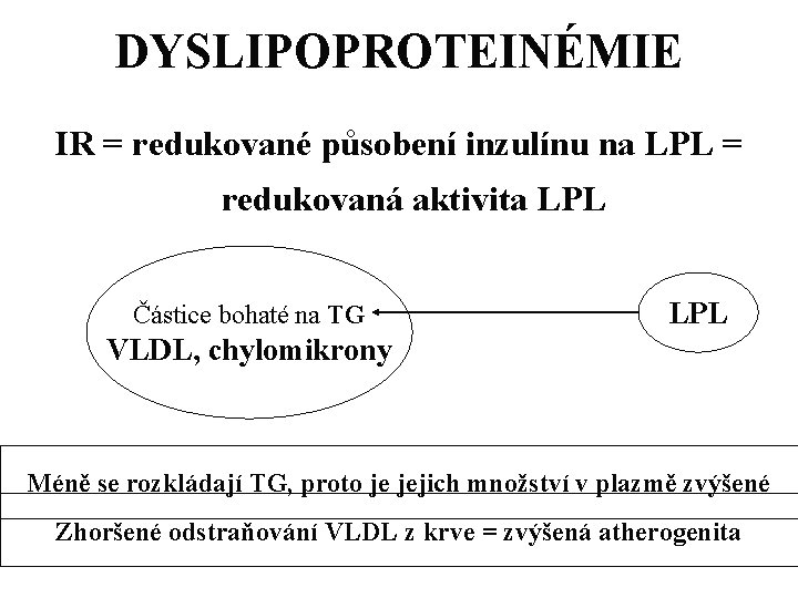 DYSLIPOPROTEINÉMIE IR = redukované působení inzulínu na LPL = redukovaná aktivita LPL Částice bohaté