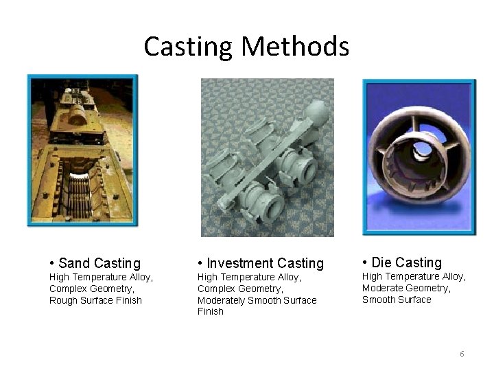 Casting Methods • Sand Casting • Investment Casting • Die Casting High Temperature Alloy,