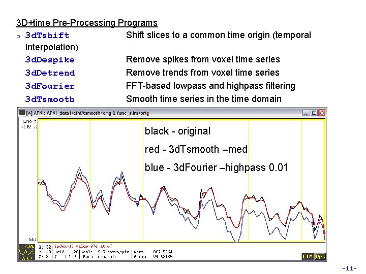 3 D+time Pre-Processing Programs o 3 d. Tshift Shift slices to a common time