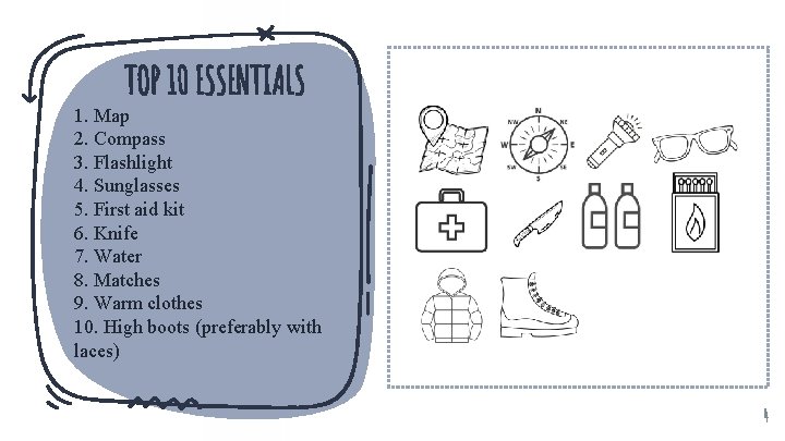 TOP 10 ESSENTIALS 1. Map 2. Compass 3. Flashlight 4. Sunglasses 5. First aid