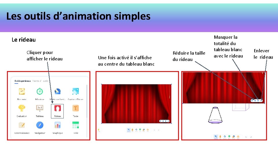 Les outils d’animation simples Le rideau Cliquer pour afficher le rideau Une fois activé