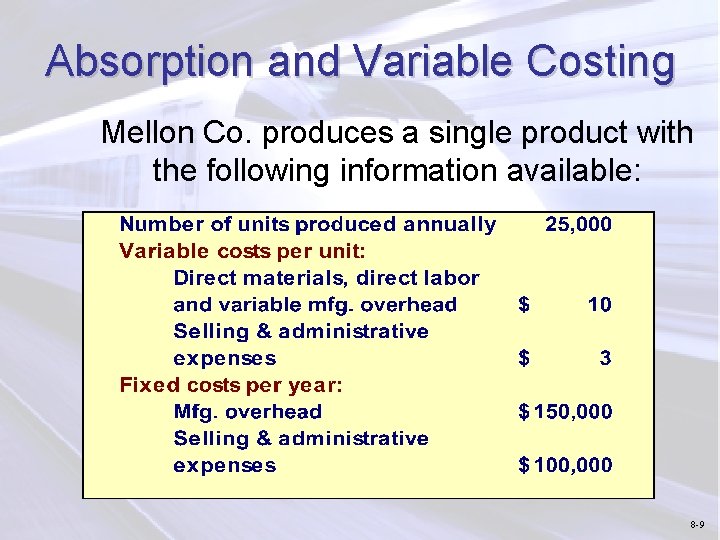 Absorption and Variable Costing Mellon Co. produces a single product with the following information