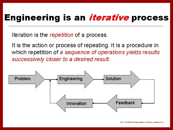 Engineering is an iterative process Iteration is the repetition of a process. It is