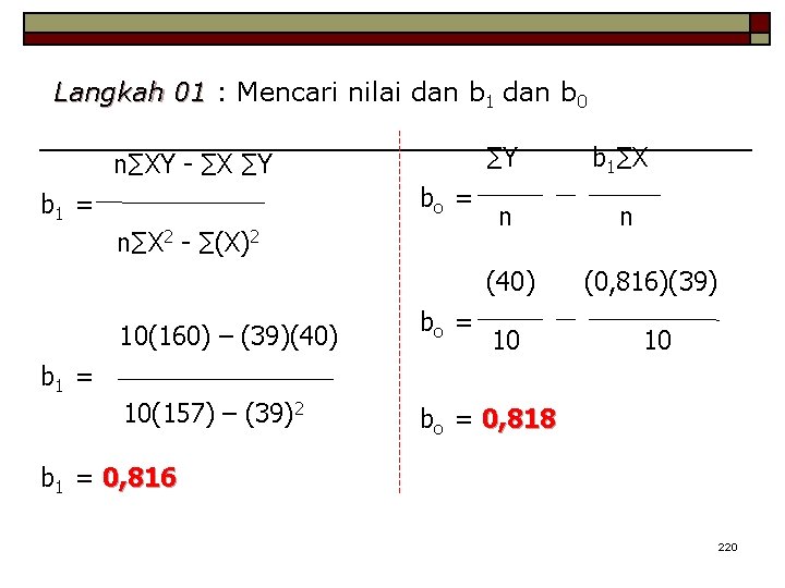 Langkah 01 : Mencari nilai dan b 1 dan b 0 n∑XY - ∑X