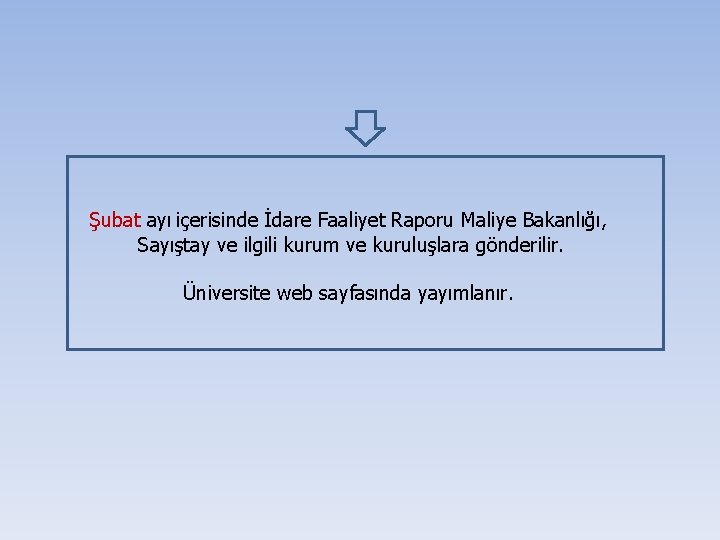 Şubat ayı içerisinde İdare Faaliyet Raporu Maliye Bakanlığı, Sayıştay ve ilgili kurum ve kuruluşlara