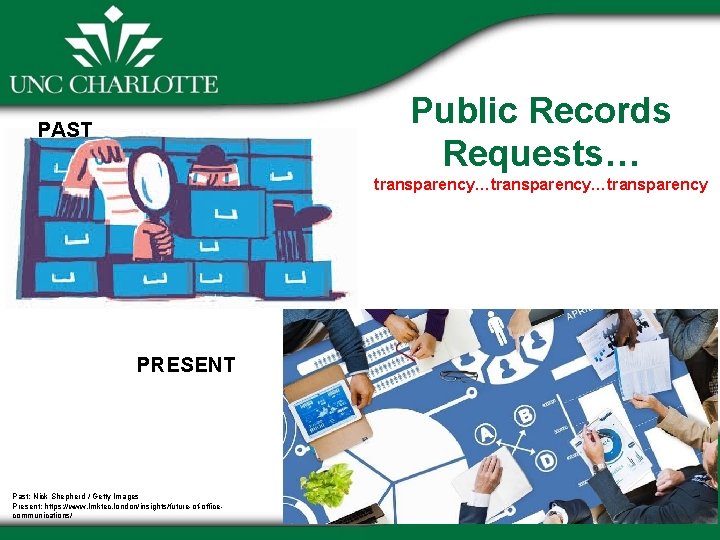 Public Records Requests… PAST transparency…transparency PRESENT Past: Nick Shepherd / Getty Images Present: https: