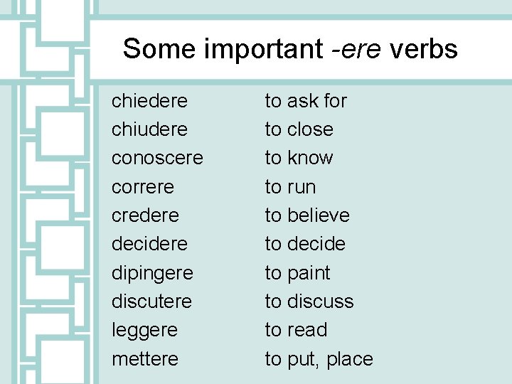 Some important -ere verbs chiedere chiudere conoscere correre credere decidere dipingere discutere leggere mettere