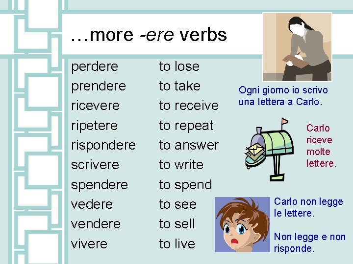 …more -ere verbs perdere prendere ricevere ripetere rispondere scrivere spendere vendere vivere to lose