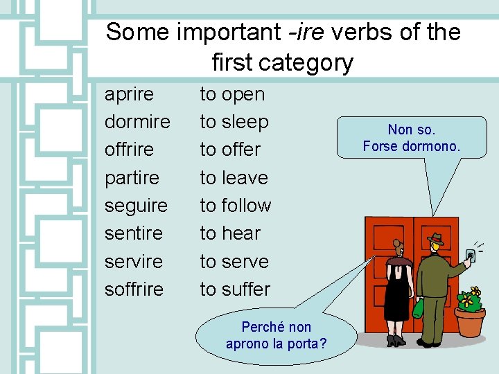 Some important -ire verbs of the first category aprire dormire offrire partire seguire sentire