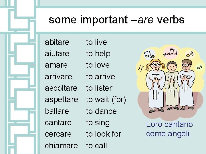 some important –are verbs abitare aiutare amare arrivare ascoltare aspettare ballare cantare cercare chiamare