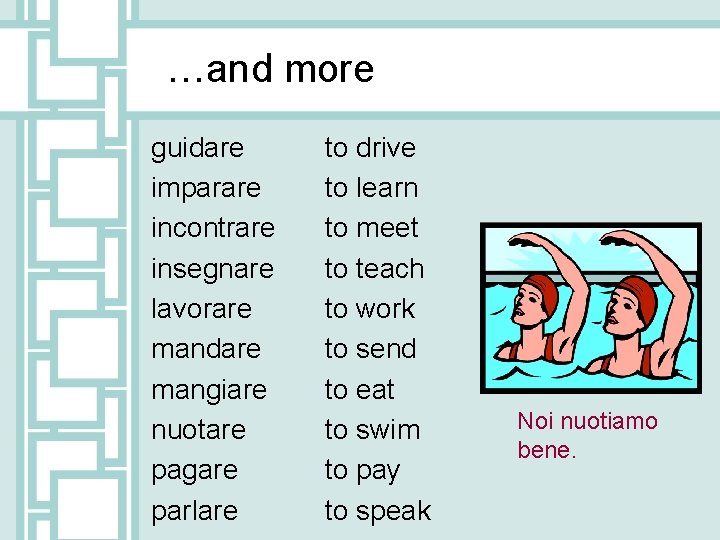 …and more guidare imparare incontrare insegnare lavorare mandare mangiare nuotare pagare parlare to drive