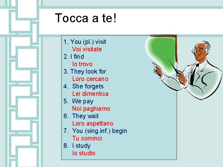 Tocca a te! 1. You (pl. ) visit Voi visitate 2. I find Io