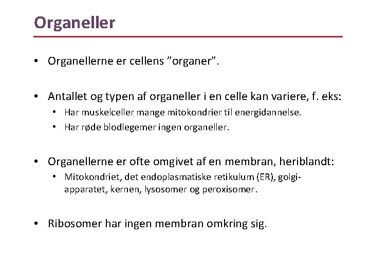 Organeller • Organellerne er cellens ”organer”. • Antallet og typen af organeller i en