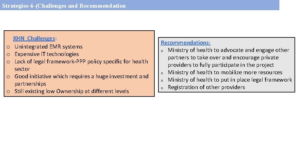 Strategies-6 -(Challenges and Recommendation o o o KHN Challenges: Unintegrated EMR systems Expensive IT