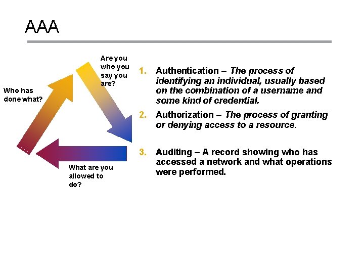 AAA Who has done what? Are you who you say you are? 1. Authentication