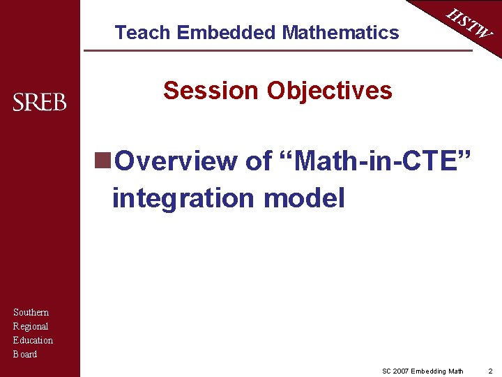 Teach Embedded Mathematics HS TW Session Objectives n. Overview of “Math-in-CTE” integration model Southern
