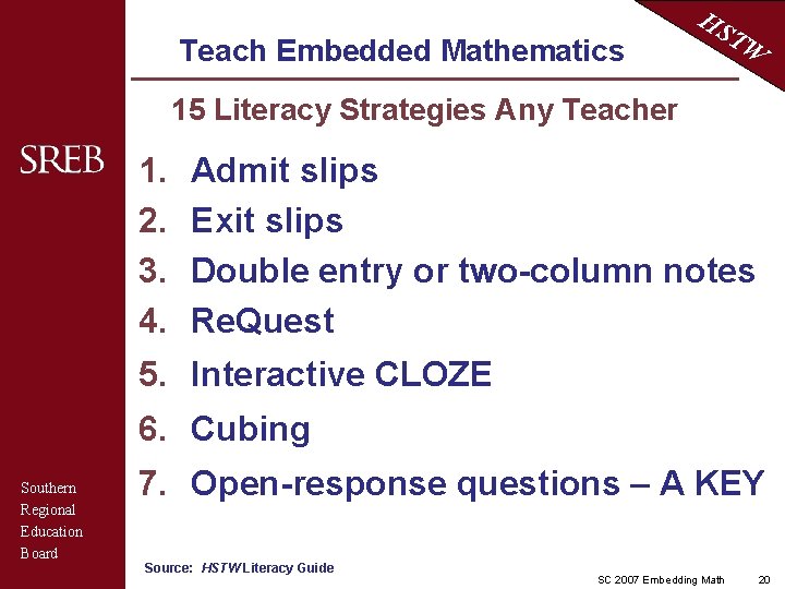 Teach Embedded Mathematics HS TW 15 Literacy Strategies Any Teacher 1. 2. 3. 4.