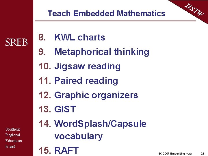 Teach Embedded Mathematics HS TW 8. KWL charts 9. Metaphorical thinking 10. Jigsaw reading