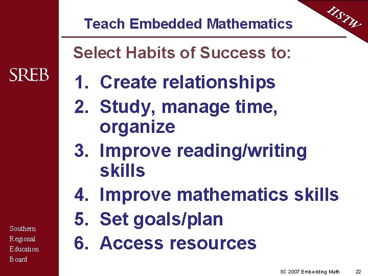 Teach Embedded Mathematics HS TW Select Habits of Success to: Southern Regional Education Board