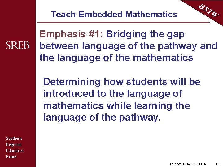 Teach Embedded Mathematics HS TW Emphasis #1: Bridging the gap between language of the