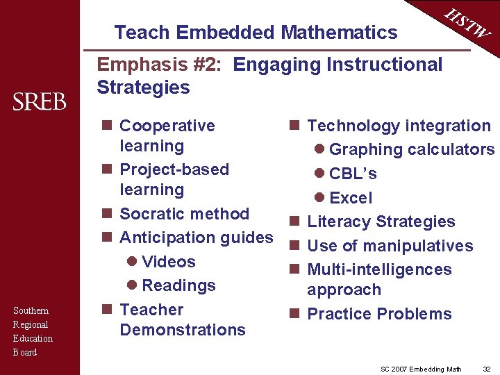 Teach Embedded Mathematics HS TW Emphasis #2: Engaging Instructional Strategies Southern Regional Education Board