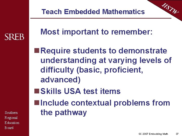 Teach Embedded Mathematics HS TW Most important to remember: Southern Regional Education Board n