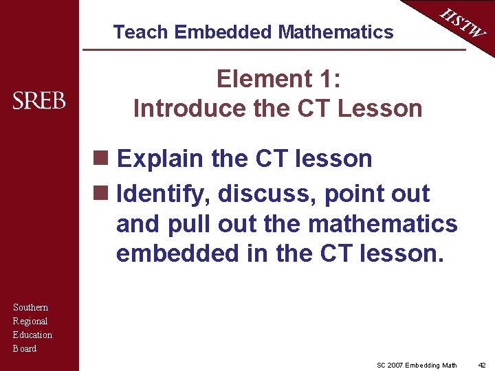 Teach Embedded Mathematics HS TW Element 1: Introduce the CT Lesson n Explain the