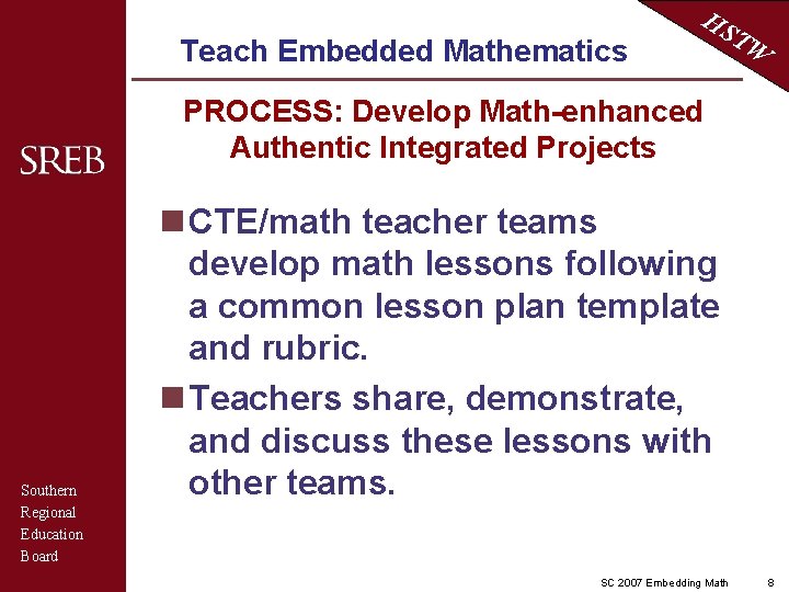 Teach Embedded Mathematics HS TW PROCESS: Develop Math-enhanced Authentic Integrated Projects Southern Regional Education