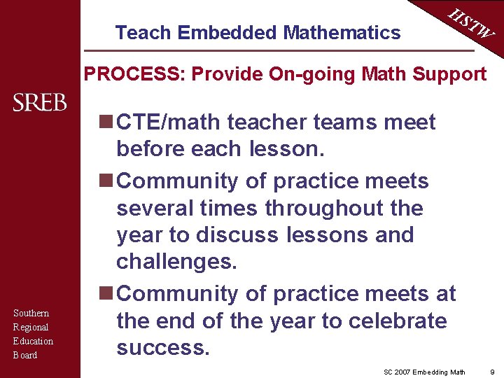 Teach Embedded Mathematics HS TW PROCESS: Provide On-going Math Support Southern Regional Education Board