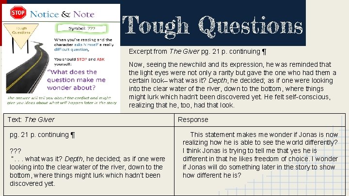 Tough Questions Excerpt from The Giver pg. 21 p. continuing ¶ Now, seeing the