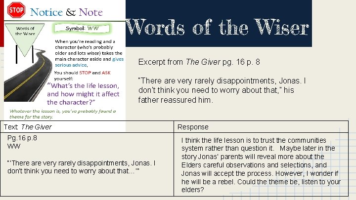 Words of the Wiser Excerpt from The Giver pg. 16 p. 8 “There are