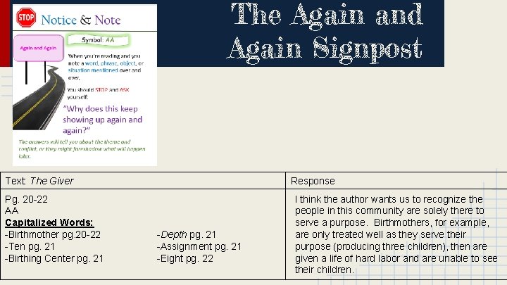 The Again and Again Signpost Text: The Giver Pg. 20 -22 AA Capitalized Words: