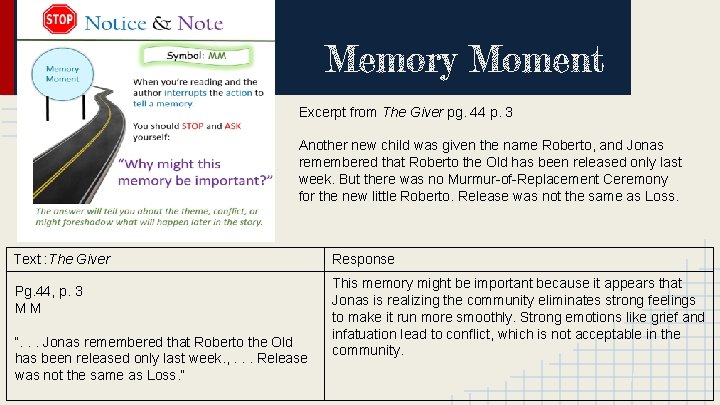 Memory Moment Excerpt from The Giver pg. 44 p. 3 Another new child was