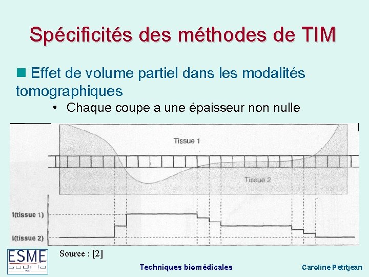 Spécificités des méthodes de TIM Effet de volume partiel dans les modalités tomographiques •