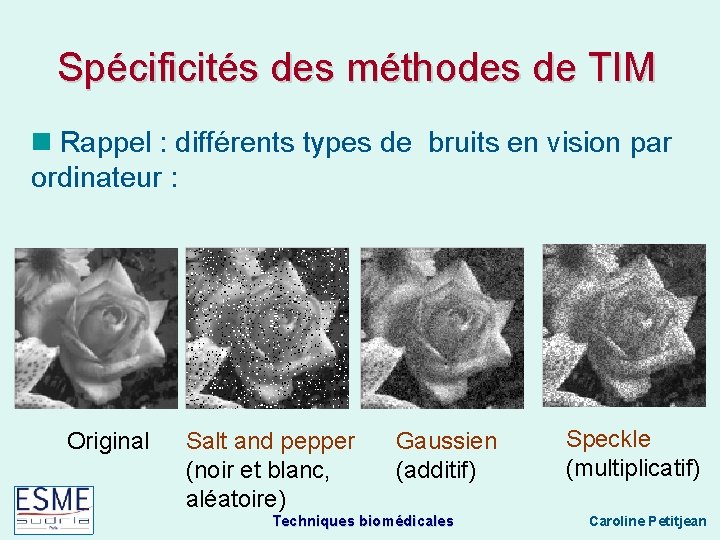 Spécificités des méthodes de TIM Rappel : différents types de bruits en vision par