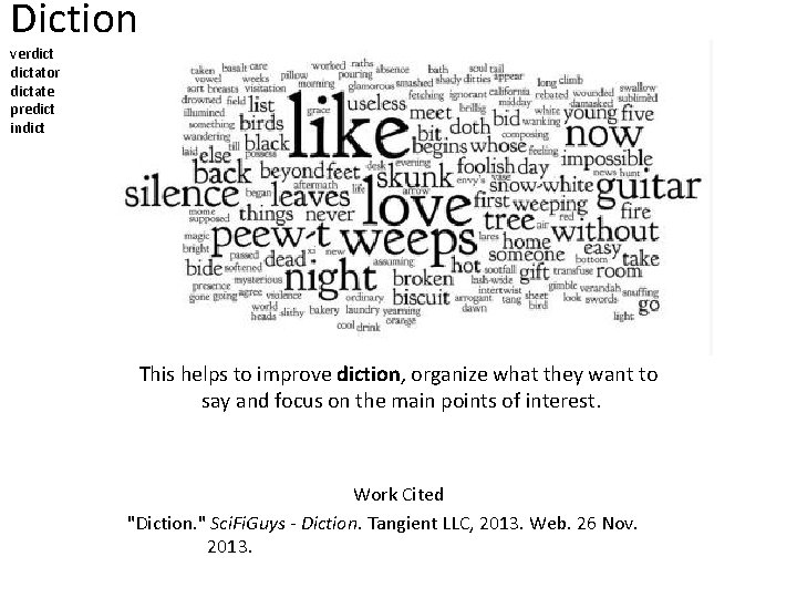Diction verdictator dictate predict indict This helps to improve diction, organize what they want