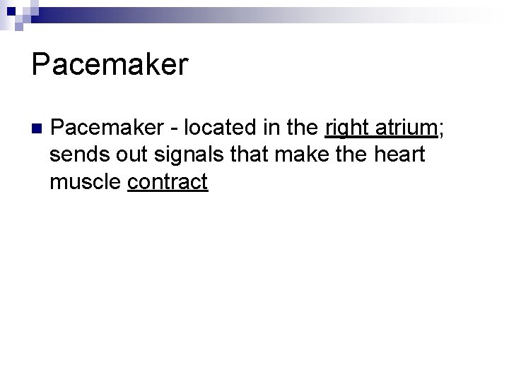 Pacemaker n Pacemaker - located in the right atrium; sends out signals that make