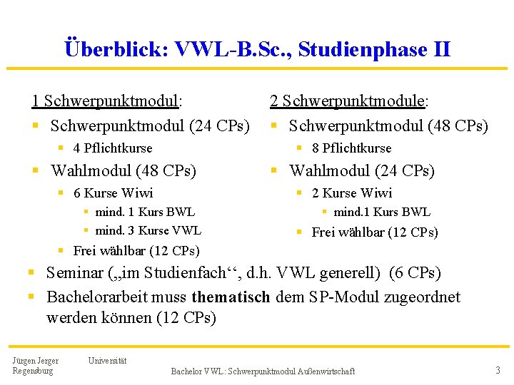 Überblick: VWL-B. Sc. , Studienphase II 1 Schwerpunktmodul: § Schwerpunktmodul (24 CPs) § 4