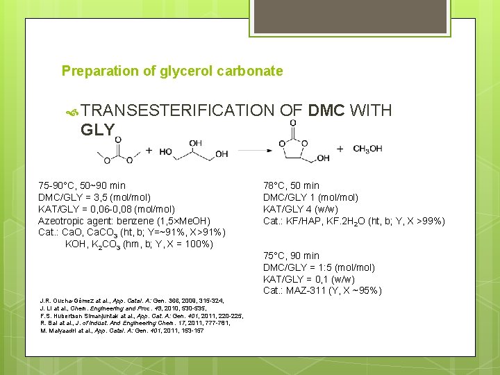 Preparation of glycerol carbonate TRANSESTERIFICATION OF DMC WITH GLY 75 -90°C, 50~90 min DMC/GLY