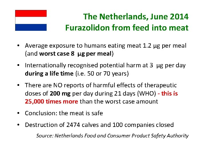 The Netherlands, June 2014 Furazolidon from feed into meat • Average exposure to humans